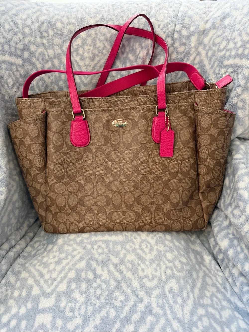 Coach Brown Signature Canvas Tote with Pink Trim and Straps